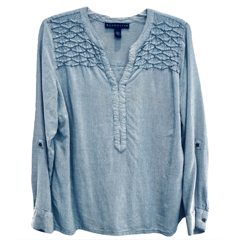 Bandolino Size Large Moody Blue Trinity Roll Tab Long Sleeve Viscose Beaded Top